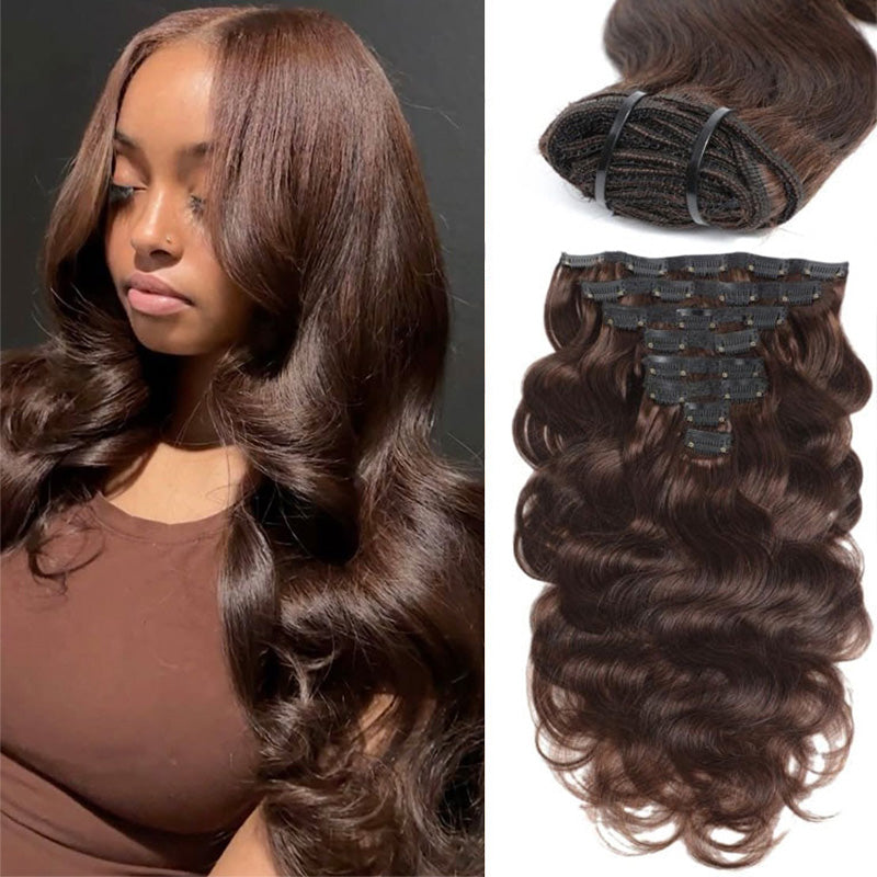#4 Chocolate Brown Body Wave Seamless Clip In Human Hair Extensions For Black Women 8 /16 Pieces 120G /240G
