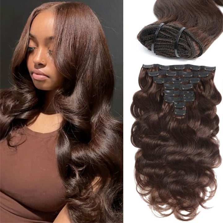 #4 Chocolate Brown Body Wave Seamless Clip In Human Hair Extensions For Black Women 8 /16 Pieces 120G /240G