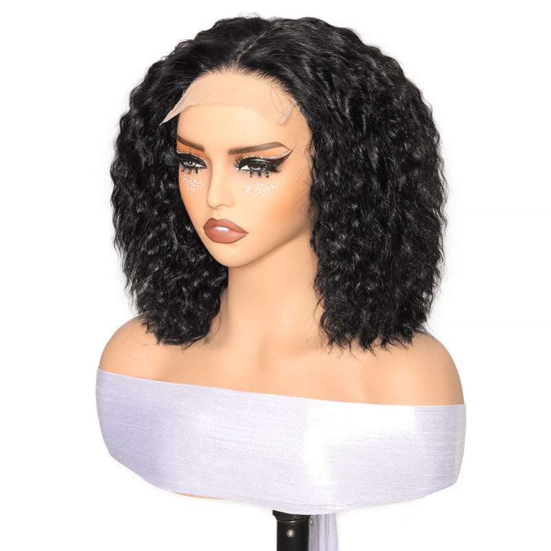 300% Density Pull To Go Super Wave Human Hair Bob Wig 5x5 Glueless Lace Closure Wig with Adjustable drawstring Straps In Natural Black