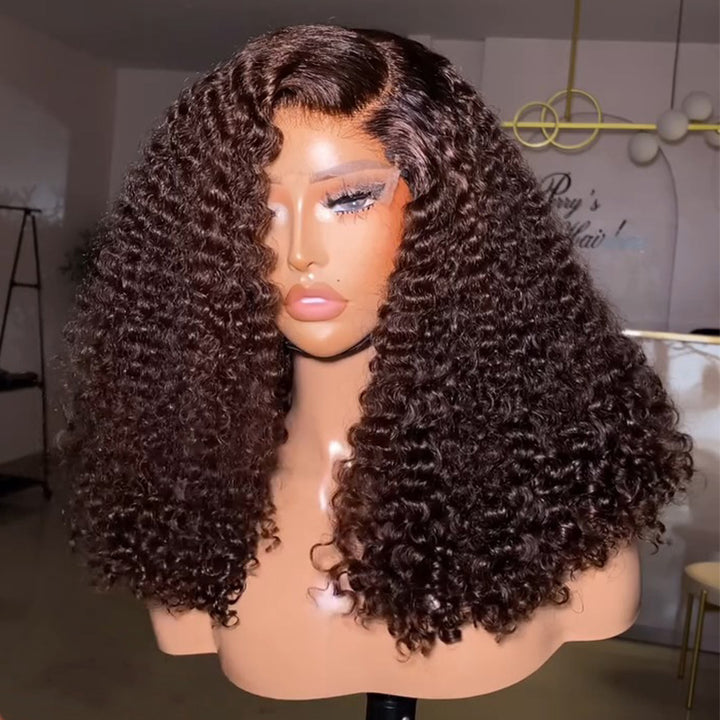 Natural Black/Dark Brown Deep Curly Human Hair Wig with C-Part 6x6/13x6 Transparent Lace Frontal Wig 300% Density