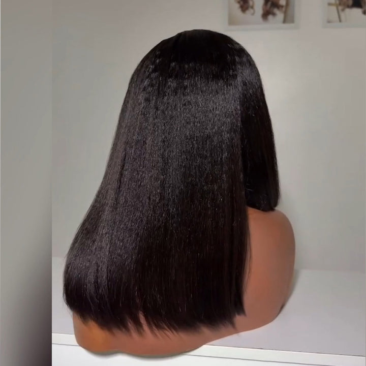 4C Edges Hairline Kinky Straight Human Hair Bob Wig 5x5 Pull To Go Lace Closure Yaki Bob Wig With Adjustable Drawstring