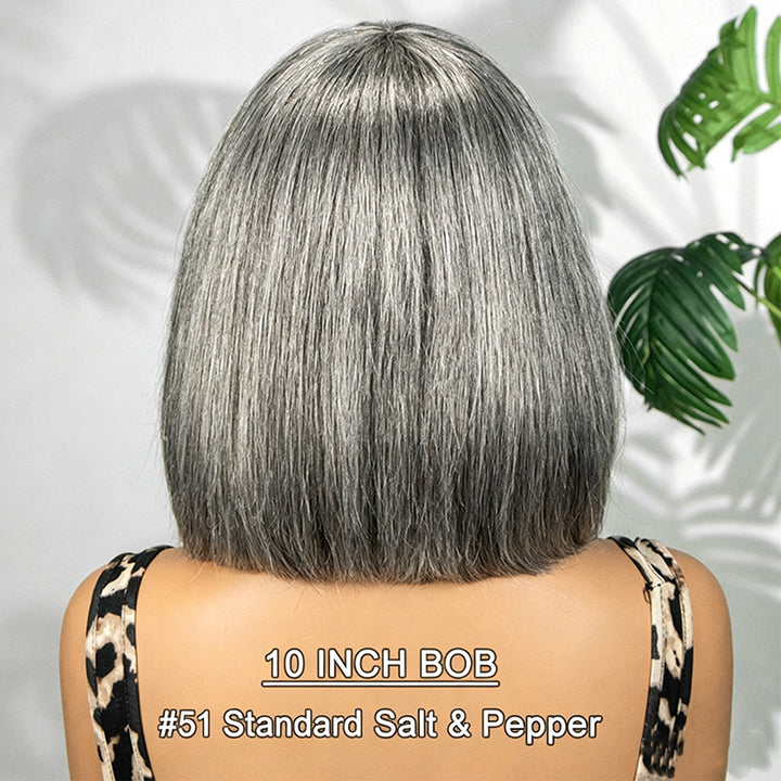 Salt & Pepper Straight Human Hair Bob Wig With Bangs 5x5 Glueless Lace Closure Wig For Black Women