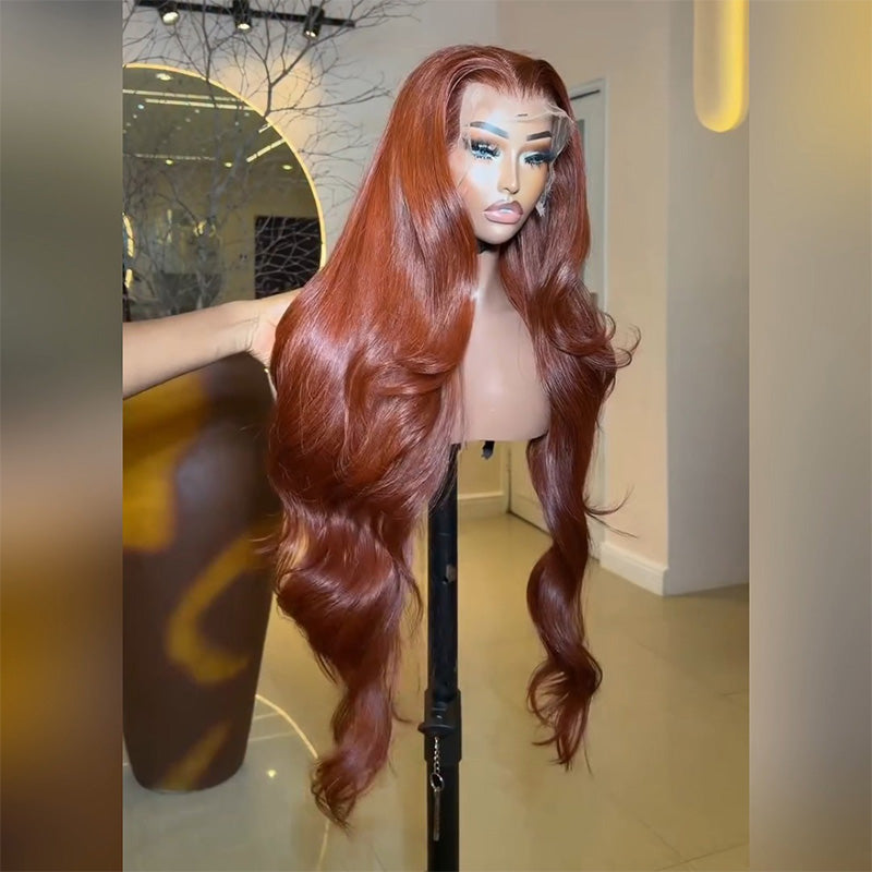 300% Density Ginger Auburn Body Wave Human Hair Wig 6x6 13x6 Transparent Lace Frontal Wig
