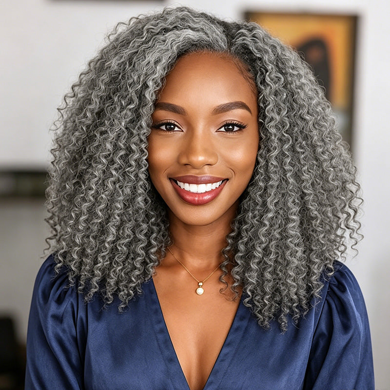 5x5 Closure Burmese Curly Salt & Pepper Free Parting Glueless Human Hair Wig Gray Color Pre-Cut Lace Bob Wig