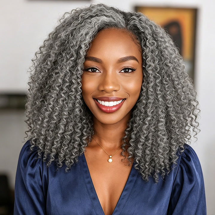 5x5 Closure Burmese Curly Salt & Pepper Free Parting Glueless Human Hair Wig Gray Color Pre-Cut Lace Bob Wig
