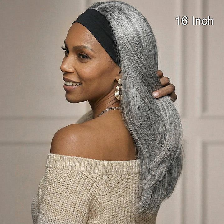 Standard Salt & Pepper Straight Headband Human Hair Wig Silver Gray Glueless Wigs For Women