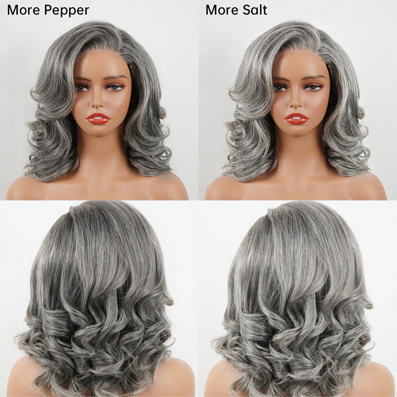5x5 Closure Layered Blowout Wave Salt & Pepper Human Hair Wig Natural Gray Pre-Cut Glueless Bob Wig