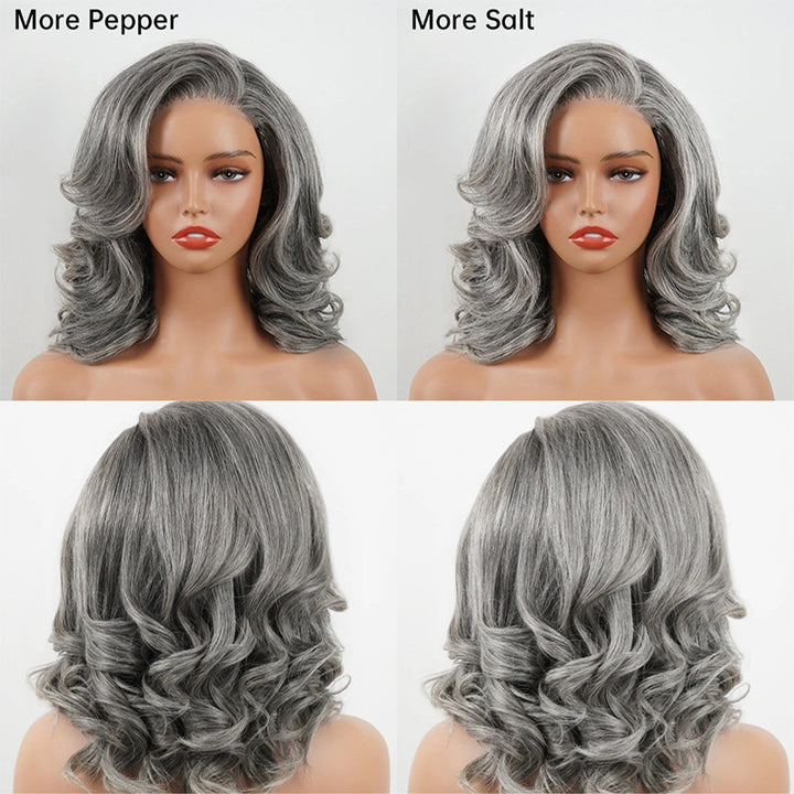 5x5 Closure Layered Blowout Wave Salt & Pepper Human Hair Wig Natural Gray Pre-Cut Glueless Bob Wig