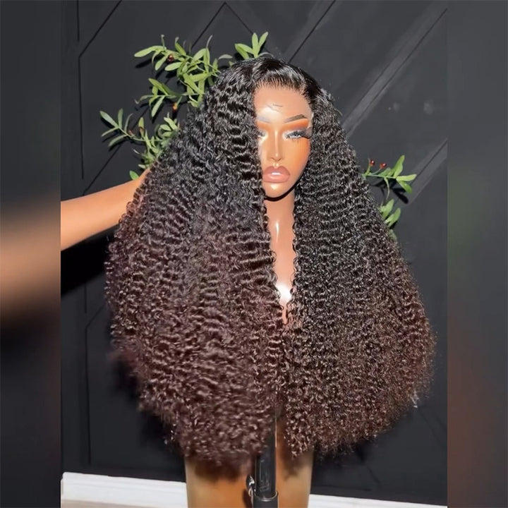 Black Roots Fade To #4 Dark Brown Ends Deep Curly Human Hair Wig 6x6 13x6 Transparent Lace 300% Density