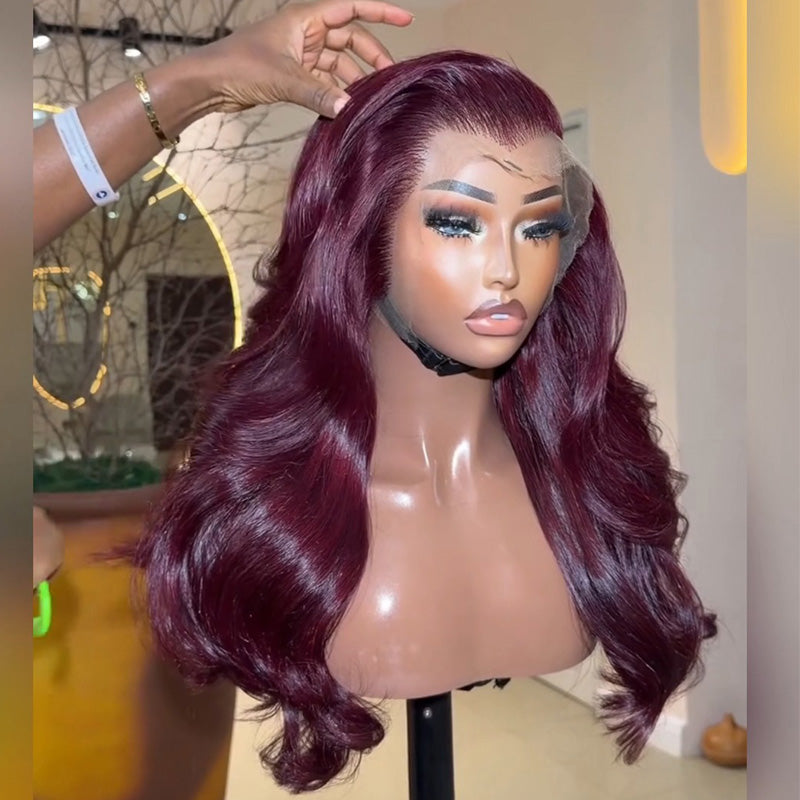 #99J Wine Red Body Wave Human Hair Wig 6x6/13x6 Transparent Lace Frontal Wig 300% Density