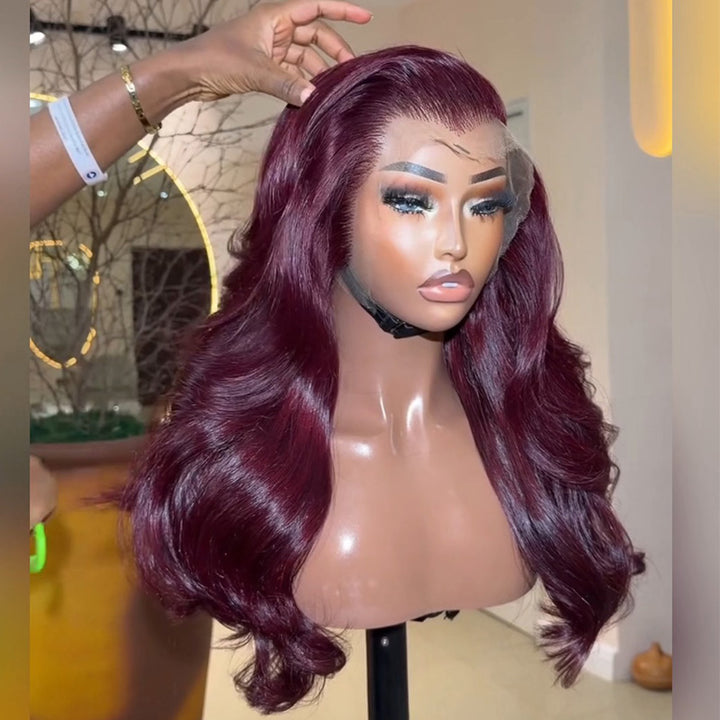 #99J Wine Red Body Wave Human Hair Wig 6x6/13x6 Transparent Lace Frontal Wig 300% Density