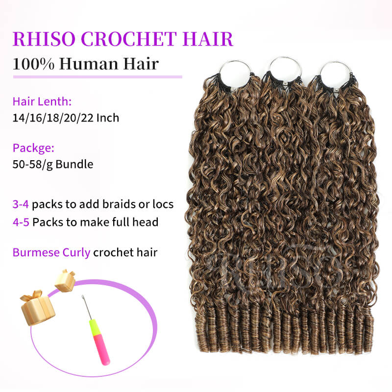 RhisoHair 3Packs Natural Black With 2Packs #4 Chocolate Brown Burmese Curly Honey Blonde Highlight Crochet Hair Machine Made Feather Human Hair Extension