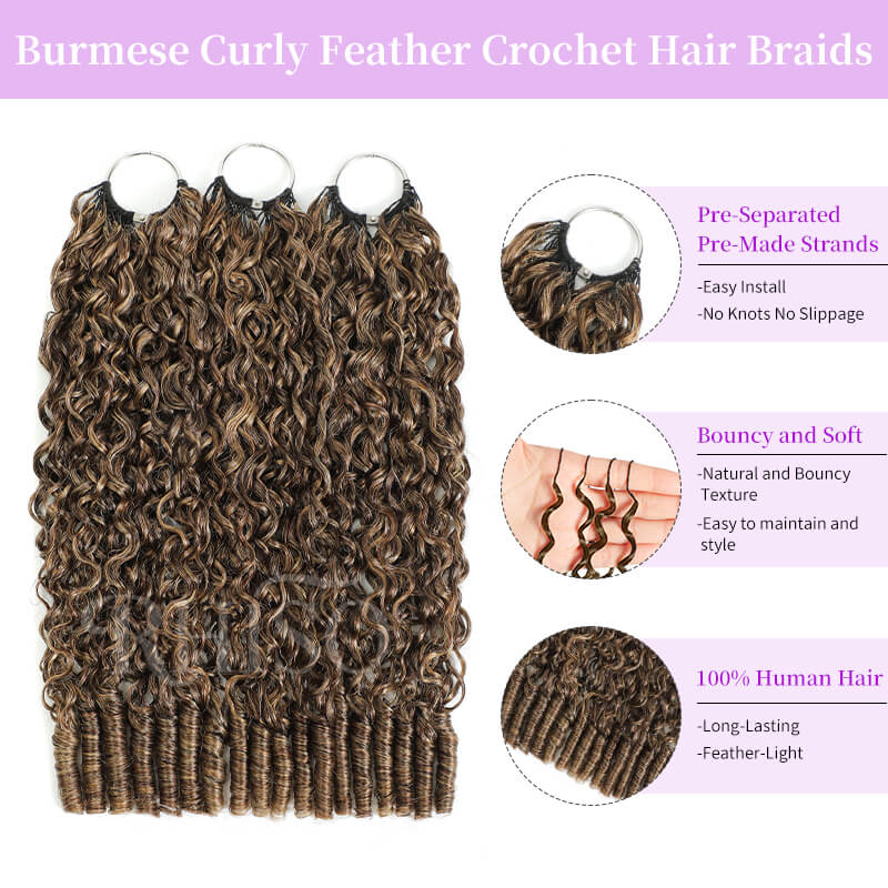 RhisoHair P4/27 Ash Blonde Highlight Burmese Curly Crochet Hair Machine Made Feather Human Hair Extension