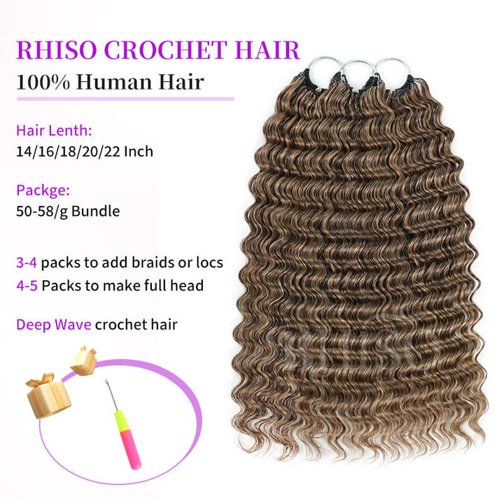 RhisoHair P4/27 Ash Blonde Highlight Deep Wave Crochet Hair Machine Made Feather Human Hair Extension