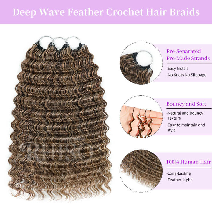 RhisoHair P4/27 Ash Blonde Highlight Deep Wave Crochet Hair Machine Made Feather Human Hair Extension