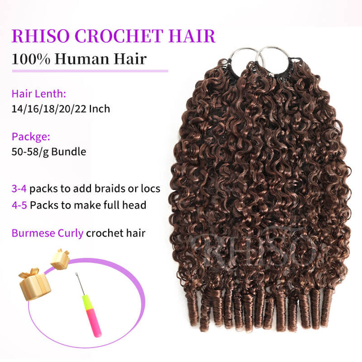 RhisoHair #4 Chocolate Brown Burmese Curly Feather Crochet Hair 100% Human Hair Machine Made Extensions