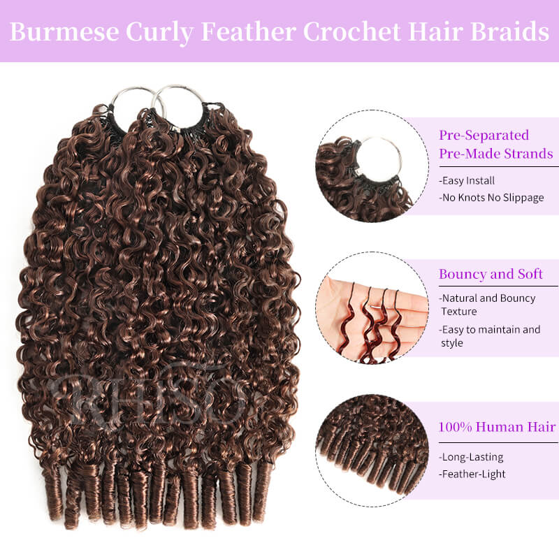 RhisoHair #4 Chocolate Brown Burmese Curly Feather Crochet Hair 100% Human Hair Machine Made Extensions