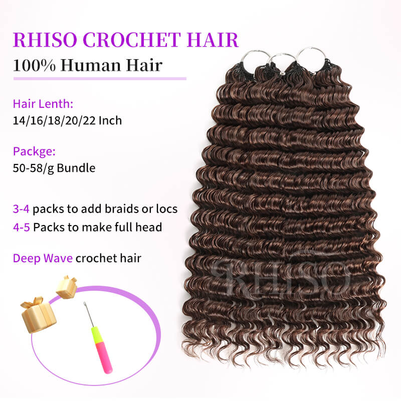 RhisoHair #4 Chocolate Brown Deep Wave Crochet Hair Machine Made Feather Human Hair Extension