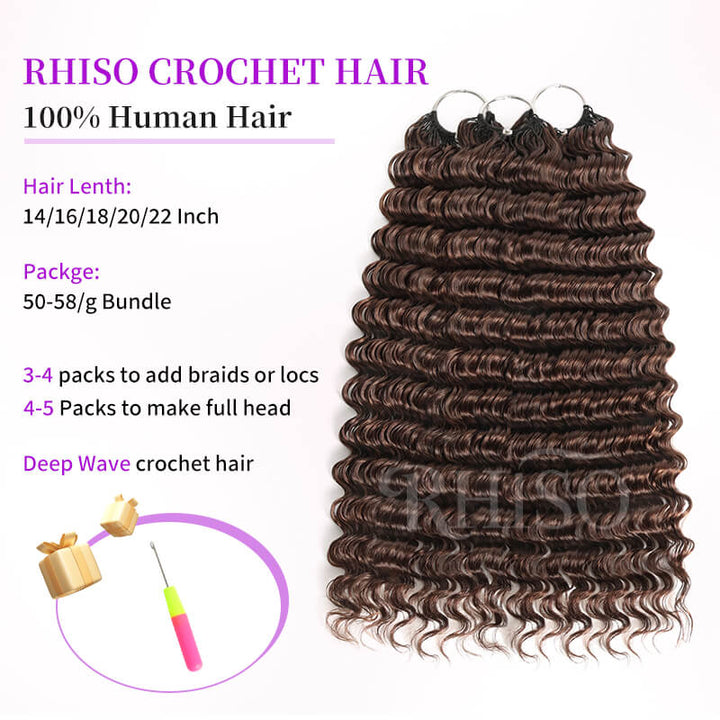 RhisoHair #4 Chocolate Brown Deep Wave Crochet Hair Machine Made Feather Human Hair Extension