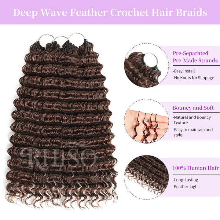 RhisoHair #4 Chocolate Brown Deep Wave Crochet Hair Machine Made Feather Human Hair Extension