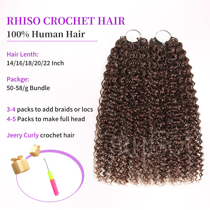 RhisoHair #4 Chocolate Brown Jerry Curly Feather Crochet Hair 100% Human Hair Machine Made Extensions