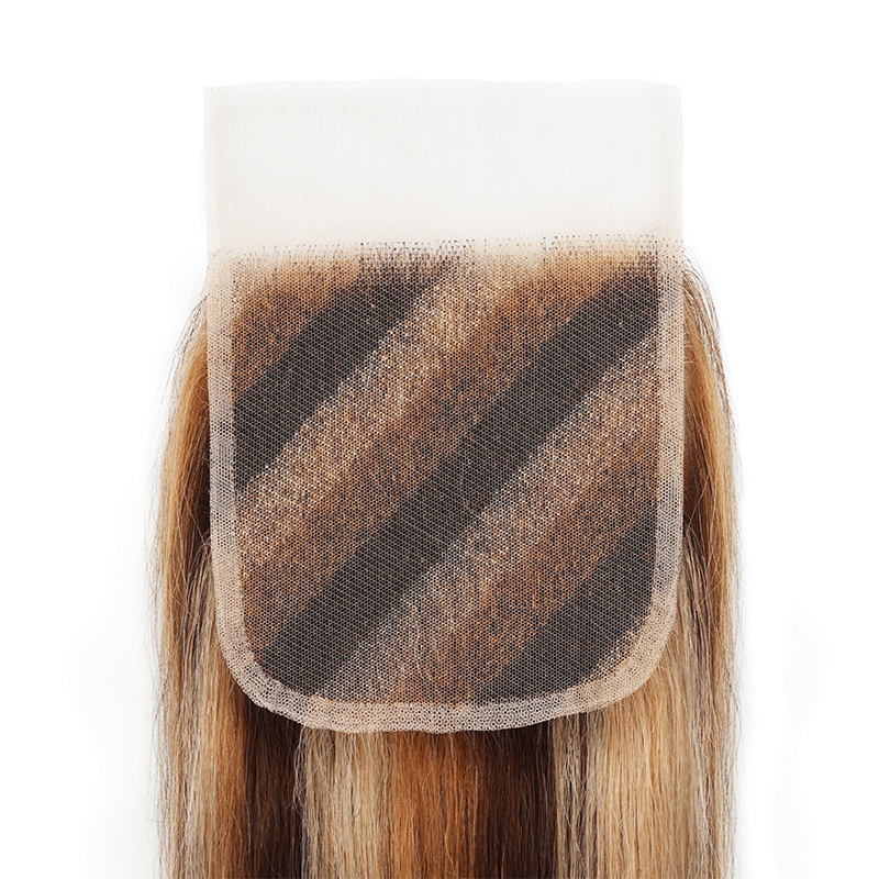 RhisoHair Mix Brown P4/27/30 Highlight Straight 3 Bundles with 5x5 Lace Closure Virgin Human Hair Bundles Double Weft Honey Blonde Weave for Women