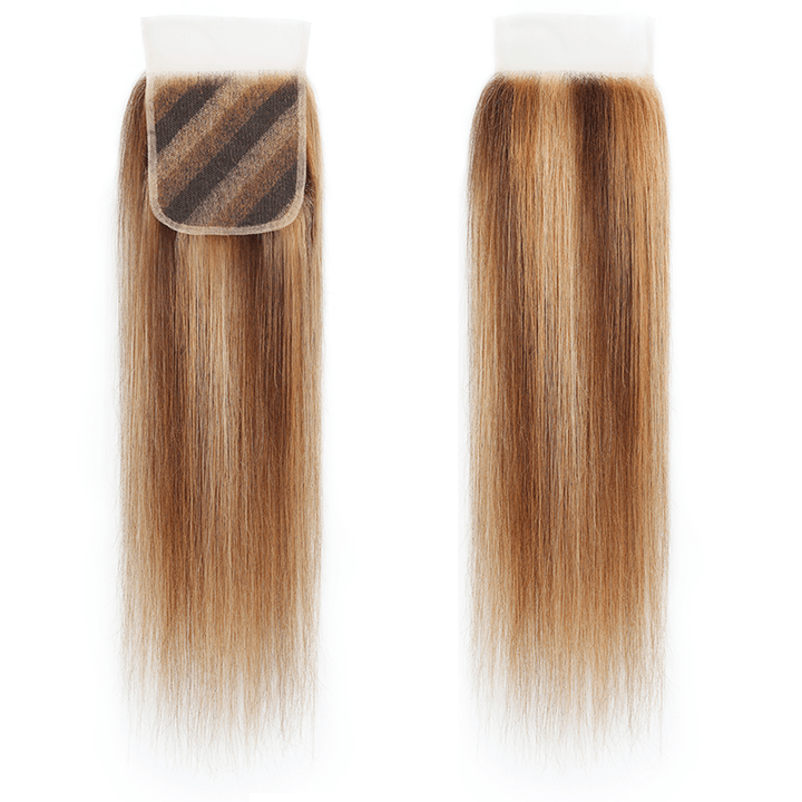 RhisoHair Mix Brown P4/27/30 Highlight Straight 3 Bundles with 5x5 Lace Closure Virgin Human Hair Bundles Double Weft Honey Blonde Weave for Women