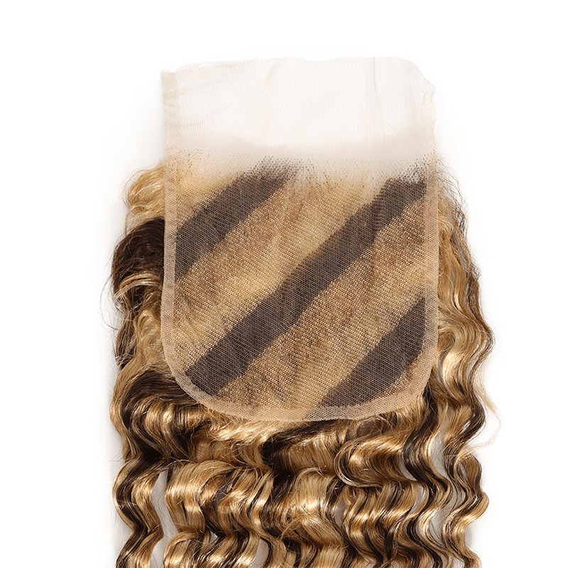 RhisoHair Mix Brown P4/27/613 Highlight Deep Wave 3 Bundles with 5x5 Lace Closure Virgin Human Hair Bundles Double Weft Honey Blonde Weave for Women
