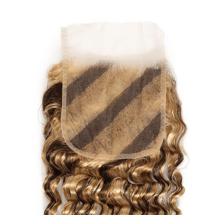 RhisoHair Mix Brown P4/27/613 Highlight Deep Wave 3 Bundles with 5x5 Lace Closure Virgin Human Hair Bundles Double Weft Honey Blonde Weave for Women