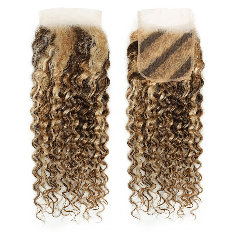 RhisoHair Mix Brown P4/27/613 Highlight Deep Wave 3 Bundles with 5x5 Lace Closure Virgin Human Hair Bundles Double Weft Honey Blonde Weave for Women