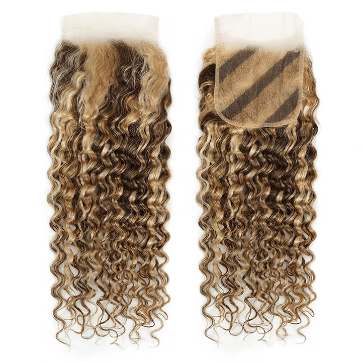 RhisoHair Mix Brown P4/27/613 Highlight Deep Wave 3 Bundles with 5x5 Lace Closure Virgin Human Hair Bundles Double Weft Honey Blonde Weave for Women