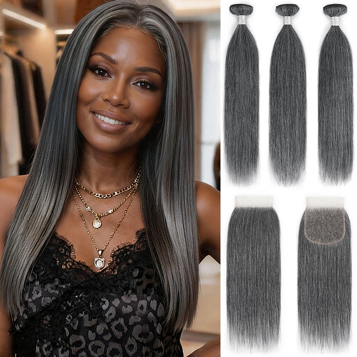 Dark Salt and Pepper Straight Human Hair Bundles with 5x5 Lace Closure