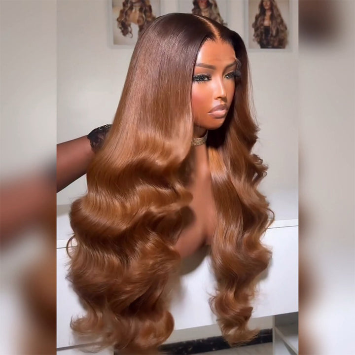 T4/30 Dark Root Ombre Caramel Brown Body Wave Human Hair Wig 6x6/13x6 Transparent Lace Frontal Wig 300% Density