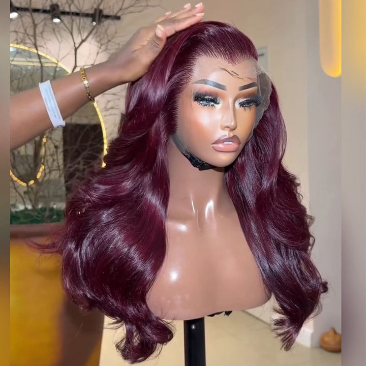 #99J Wine Red Body Wave Human Hair Wig 6x6/13x6 Transparent Lace Frontal Wig 300% Density