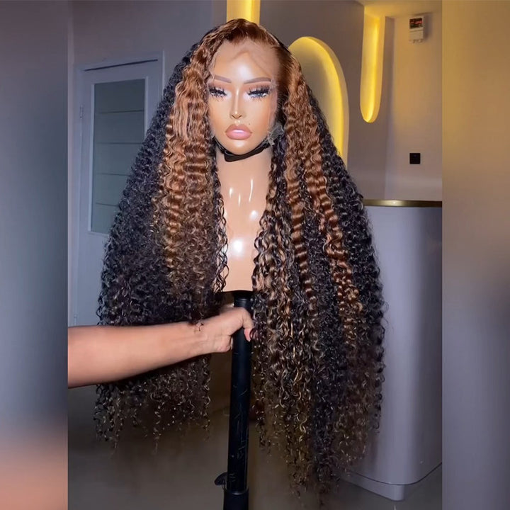 Natural Black Deep Curly Human Hair Wig with #30 Caramel Brown Highlights 6x6/13x6 Transparent Lace Frontal Wig 300% Density