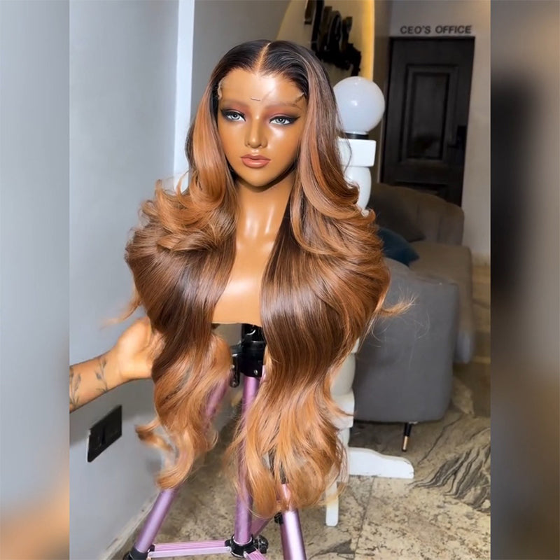 Dark Root Ombre Highlight Body Wave Human Hair Wig 6x6/13x6 Transparent Lace Frontal Wig 300% Density