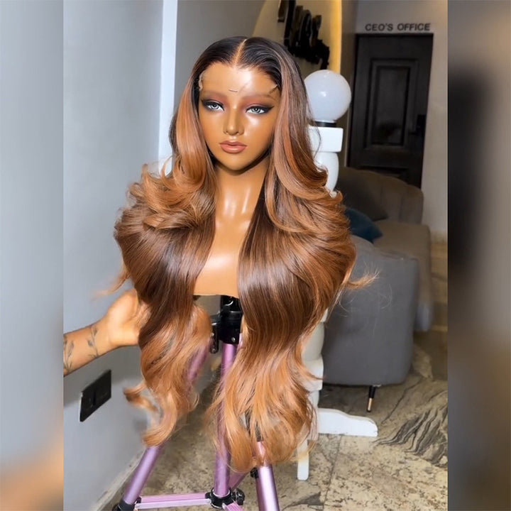 Dark Root Ombre Highlight Body Wave Human Hair Wig 6x6/13x6 Transparent Lace Frontal Wig 300% Density