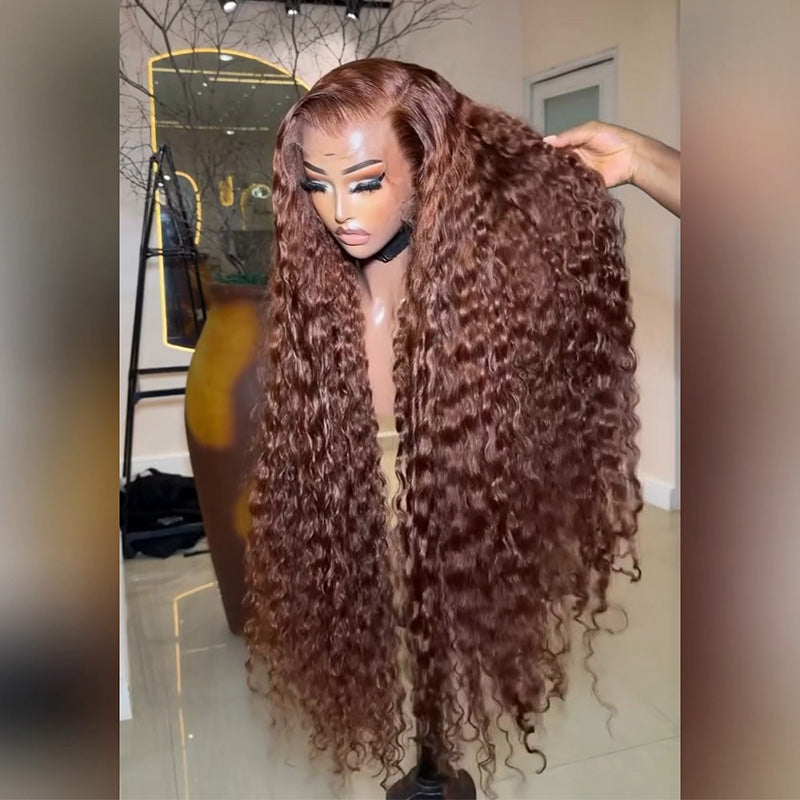#30 Auburn Brown Deep Wave Human Hair Wig 6x6 13x6 Transparent Lace Frontal Wig 300% Density