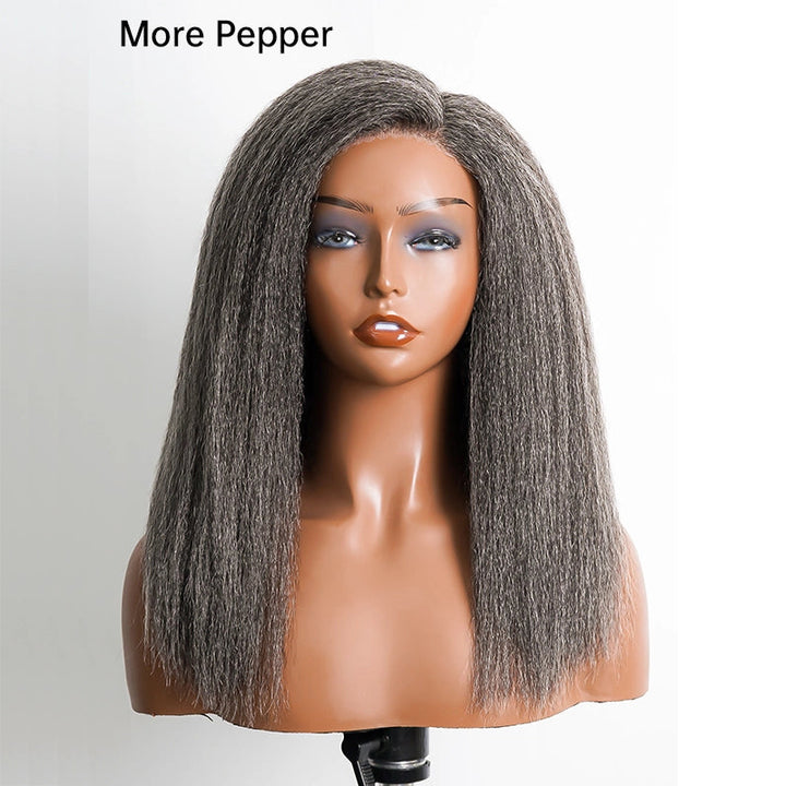 5x5 Closure Kinky Straight Salt & Pepper Free Parting Glueless Human Hair Wig Gray Color Pre-Cut Lace Bob Wig