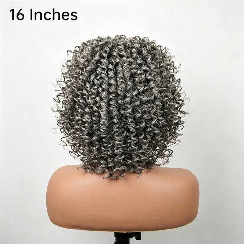 Salt And Pepper Ringlet Curls Glueless Human Hair Wig With Bangs