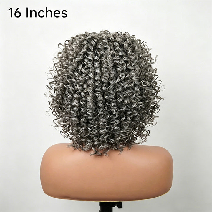 Salt And Pepper Ringlet Curls Glueless Human Hair Wig With Bangs