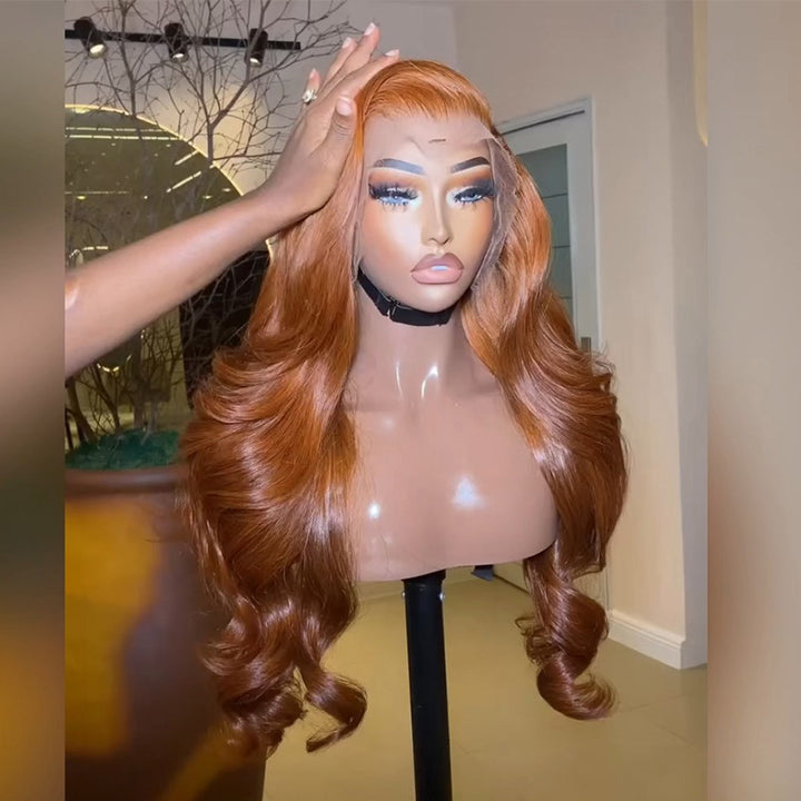 300% Density Ginger Orange Body Wave Human Hair Wig 6x6 13x6 Transparent Lace Frontal Wig
