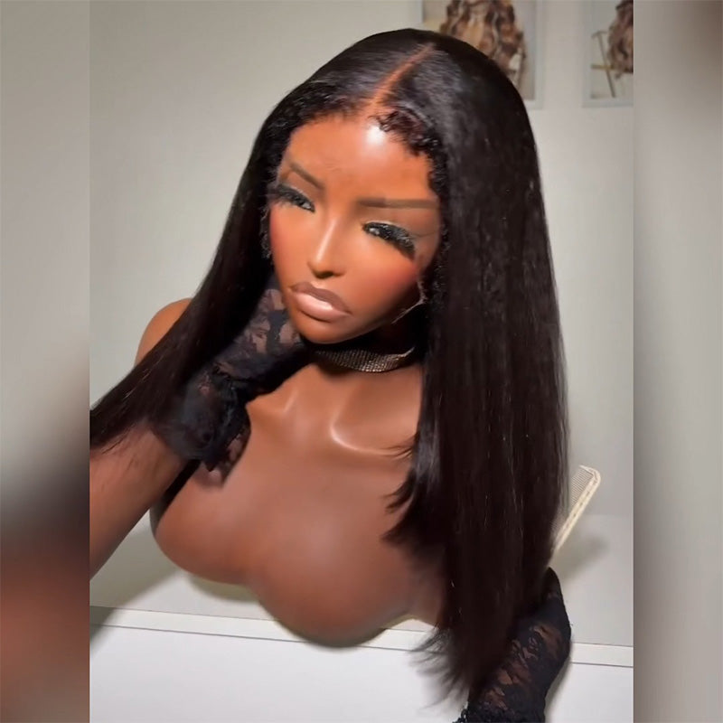 4C Edges Hairline Kinky Straight Human Hair Bob Wig 5x5 Pull To Go Lace Closure Yaki Bob Wig With Adjustable Drawstring