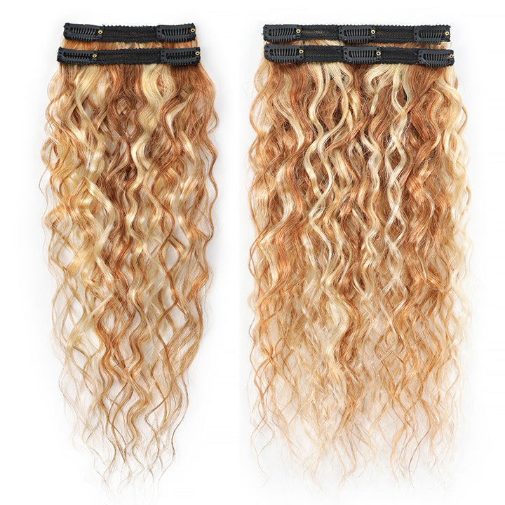 P27/613 Honey Blonde Highlight Super Wave Seamless Clip In Human Hair Extensions For Black Women