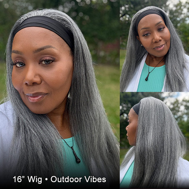 Standard Salt & Pepper Straight Headband Human Hair Wig Silver Gray Glueless Wigs For Women