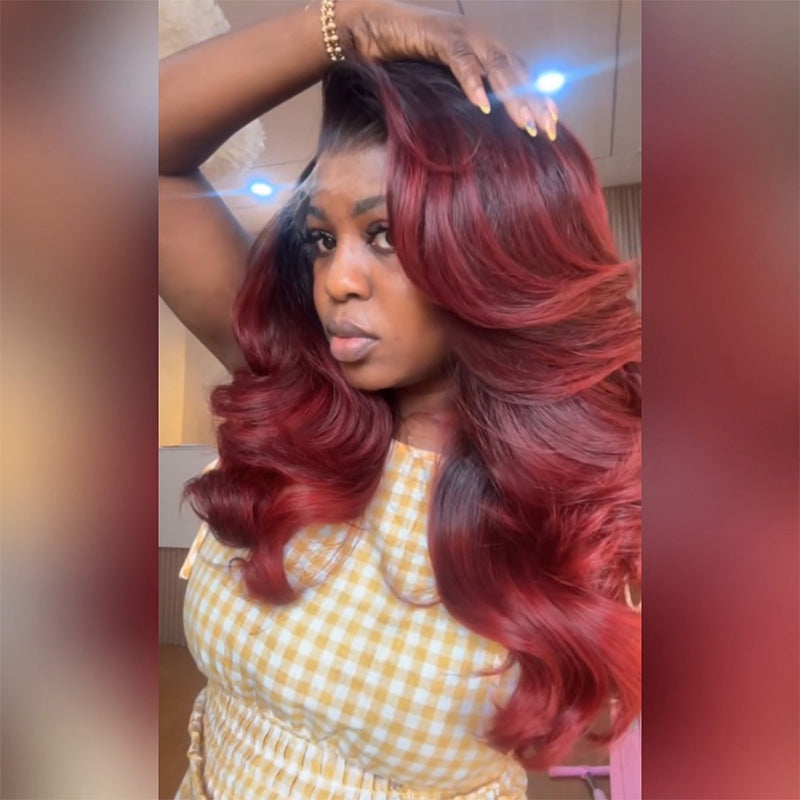 Dark Root 99J Burgundy Ombre Body Wave Human Hair Wig 6x6 13x6 Transparent Lace Frontal Wig 300% Density