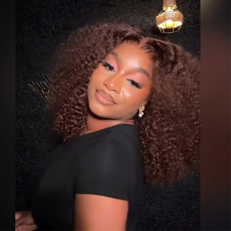 Pre-plucked #4 Chocolate Brown Kinky Curly Human Hair Bob Wig 5x5/13x4 Glueless Lace Frontal Wig 300 Density
