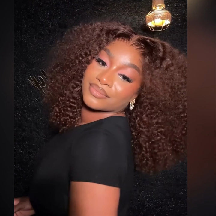 Pre-plucked #4 Chocolate Brown Kinky Curly Human Hair Bob Wig 5x5/13x4 Glueless Lace Frontal Wig 300 Density