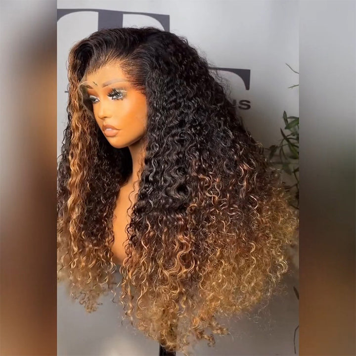 Black Roots Fade To #30 Auburn Blonde Ends Deep Curly Highlight Human Hair Wig 6x6 13x6 Transparent Lace 300% Density