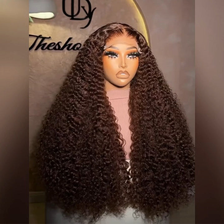 #4 Chocolate Brown Deep Curly Human Hair Wig with Middle Part 6x6/13x6 Transparent Lace Frontal Wig 300% Density